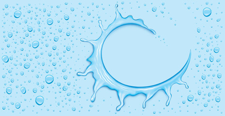 blue water splash with many drops and place for text	