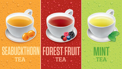 Different hot tea cups. Teacup with fruits tea, sea buckthorn tea, mint tea. Background with many water drops banner	
