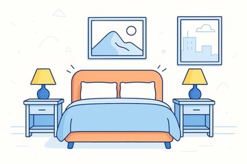 Cozy bedroom interior with double bed, nightstands, and lamps in flat modern style on light background, ideal for creative design concepts. Ai generative