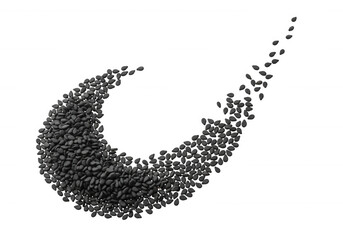Black sesame seeds forming swoosh food ingredient isolated on a transparent background