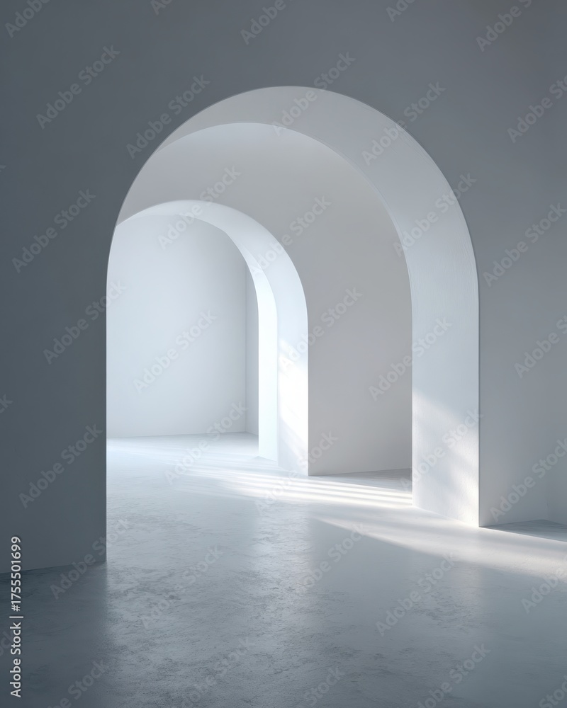 Wall mural serene empty white room with elegant archways and soft light