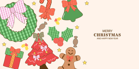Merry Christmas and Happy New Year background, banner, cover, poster design with trendy flat style.Creative retro hand drawn Christmas cards, Festive xmas concept in Vintage paper fabric Bows Seamless