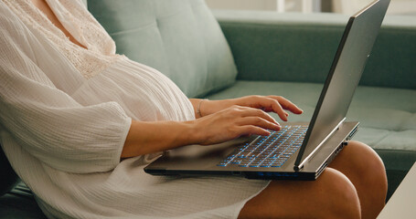Business pregnant woman working at computer at home. Expectant mother working on laptop. Business and pregnant concept.