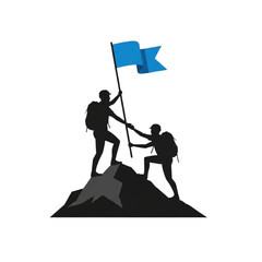 Fototapeta premium Two silhouetted figures stand atop a mountain peak holding a flag, symbolizing teamwork, achievement, and leadership, isolated on a clean white background in vector art style
