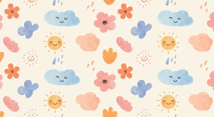 Fototapeta premium Whimsical watercolor pattern featuring smiling suns, happy clouds, and cheerful flowers creates a delightful, playful backdrop for children's designs and joyful projects.