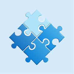 Fototapeta premium Four puzzle pieces assembled in a diamond formation on a light blue background