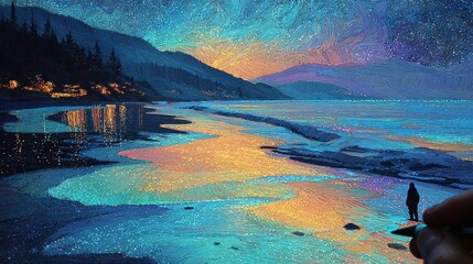 Bright Neon Gel Pen Art of Beach with Sparkling Water. High Resolution Generation AI Illustration Featuring Vibrant Coastal Scene.