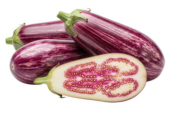Striped purple eggplants with sliced interior white isolated on a transparent background