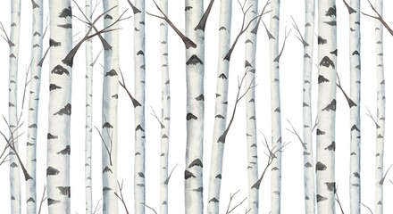 Fototapeta premium Serene watercolor birch tree forest pattern evoking tranquility and natural beauty for calming backgrounds or seasonal decor projects