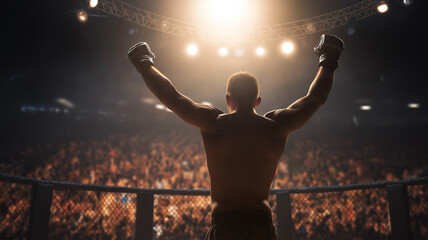 Fototapeta premium MMA fighter raising arms after victory in octagon cage