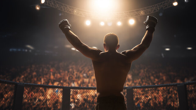 MMA fighter raising arms after victory in octagon cage