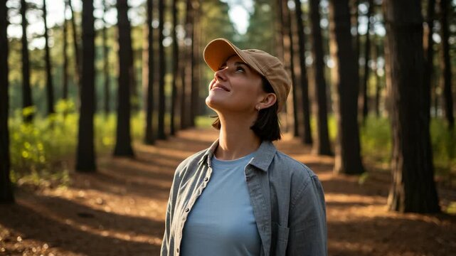 Young woman wearing a cap looking up in a sunlit pine forest