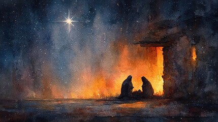 Watercolor Nativity Scene at Night: Mary, Joseph, Baby Jesus in Manger with Bright Star