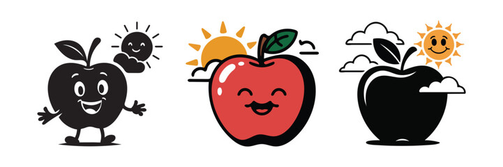 Cheerful cartoon apple character silhouette set with smiling sun and clouds vector illustration isolated on white background