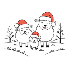 Cute Christmas Sheep Family in Santa Hats Vector Illustration on Snowy Winter Landscape