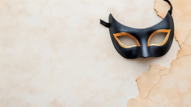 A black and gold masquerade mask is positioned against a textured light background, creating a striking visual, This image is perfect for events, parties, or themes related to mystery and elegance,