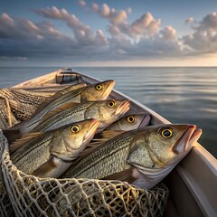 Freshly caught striped bass in a fishing boat under a cloudy sky