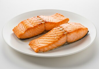 Two succulent, perfectly cooked salmon fillets glistening on a clean white plate, showcasing a delicious and healthy meal ready to be enjoyed, ideal for culinary content and food blogs.