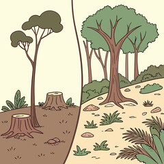 vector illustration of a tree Vector concept of deforestation vs reforestation, before and after comparison, environmental awareness
