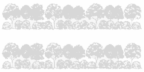 Seamless pattern of stylized trees and bushes in a light gray silhouette on a white background