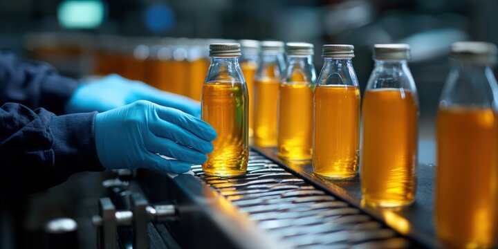 Worker checking glass bottles on production line