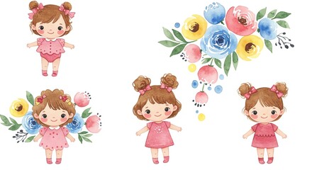Obraz premium Charming watercolor illustrations of happy little girls in pink dresses surrounded by vibrant floral bouquets, perfect for children's products and joyful designs.