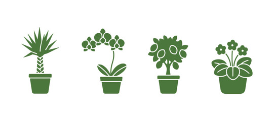 Set of decorative indoor plants represented as black glyph icons on a white background. Houseplants. Cultivated plants. Orchid, yucca. Small citrus tree, African violet.