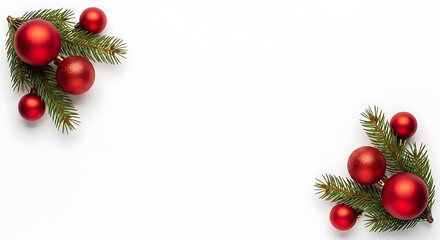 Two clusters of red Christmas ornaments and fir tree branches arranged in opposite corners on a white background.