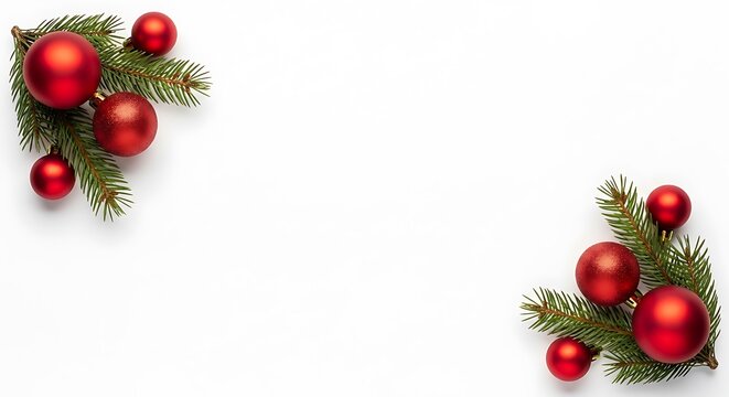 Two clusters of red Christmas ornaments and fir tree branches arranged in opposite corners on a white background.