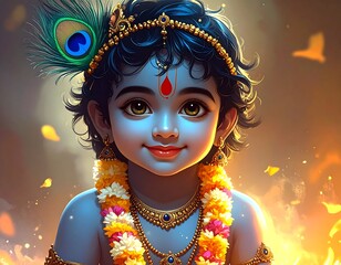 A serene close-up of a blue-skinned child adorned with a peacock feather and golden jewelry, radiating warmth