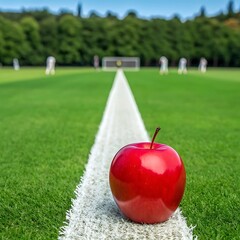 A red apple sits on the line of a soccer field on a sunny day
