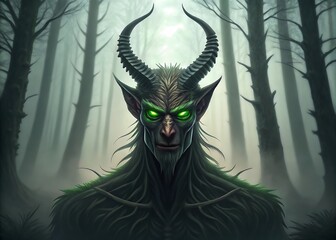 A forest spirit with glowing eyes stands guard in a misty forest