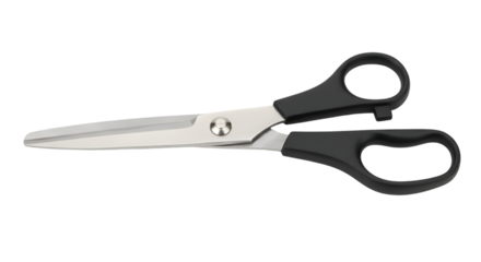 A sharp, open pair of metal scissors with a black handle is isolated on a white background, a vital cutting tool and hairdresser's equipment