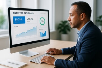 Businessman analyzing analytics dashboard metrics on computer screen in office setting with modern, light background and focused expression. Ai generative