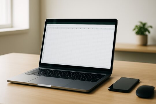 Open laptop displaying a spreadsheet on screen beside smartphone and mouse on wooden desk in bright office with blurred background and soft light. Ai generative