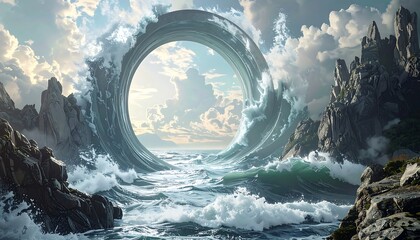 A wave-formed portal frames a serene sea horizon, between rocky cliffs under a partly cloudy sky