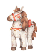 Cute cartoon horse. Watercolor illustration isolated on white background. Hand-drawn white horse, symbol of New Year. Christmas greeting card template