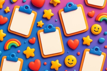 Colorful clipboards with smiley faces, stars, hearts, and rainbows on vibrant gradient background symbolizing creativity and positive business concept. Ai generative