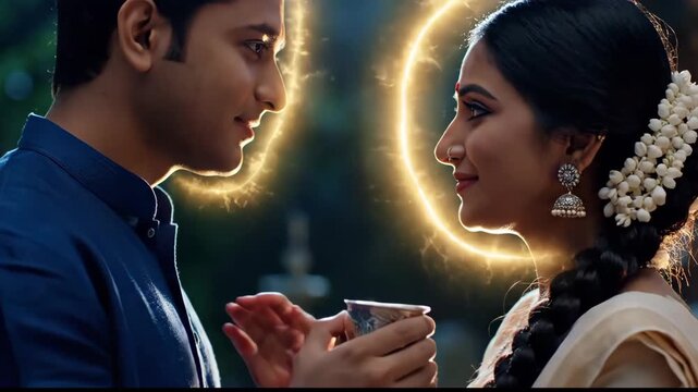 Indian couple celebrating karva karwa chauth karaka chaturthi husband tenderly offering water to his fasting wife surrounded by a golden glow of love and tradition