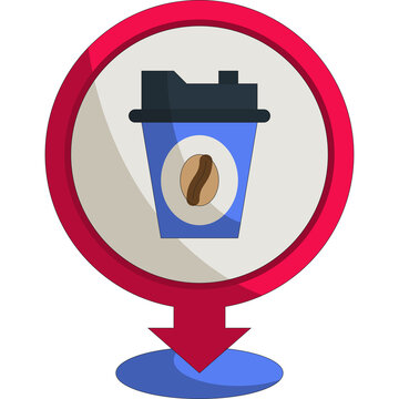 Illustration of a blue paper coffee cup with a brown coffee bean on its side inside a red circular map pin icon with a downward pointing red arrow and a blue shadow against a transparent background