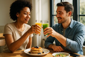 Cheerful couple toasting with fresh juices during breakfast with pancakes in cozy kitchen setting in warm natural light background. Ai generative