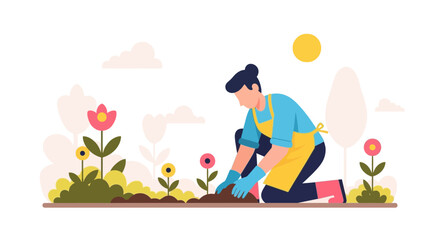 Gardening Woman Planting Flowers in Garden with Sunshine and Beautiful Floral Elements