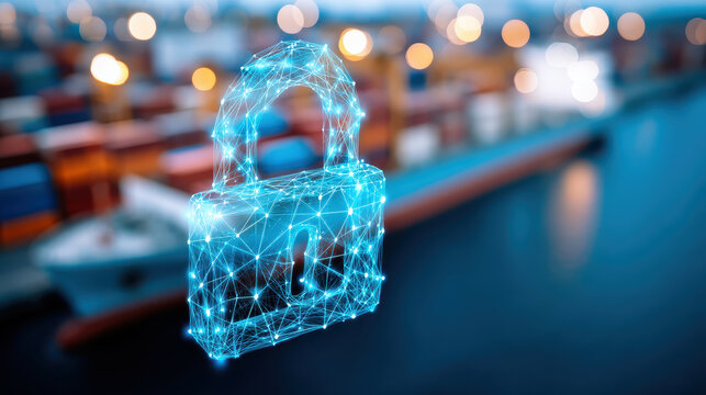 Digital lock symbolizing supply chain resilience and workforce security in logistics port with container ship and blurred background lights