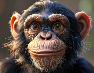 Chimpanzee face close-up, large ears, intelligent eyes, and soft fur, soft bokeh background
