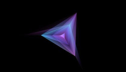 Abstract glowing prism rendered in blue and purple tones on a black background, viewed from a deep angular perspective with vivid internal gradient and geometric 3D symmetry.