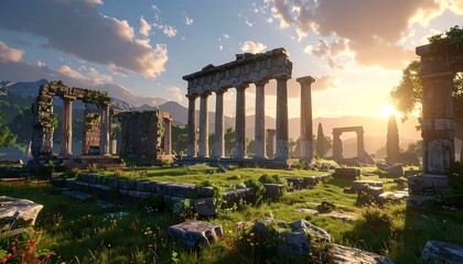 Obraz premium Ancient ruins sit on a grassy hill as the sun sets in the distance with mountains in the background