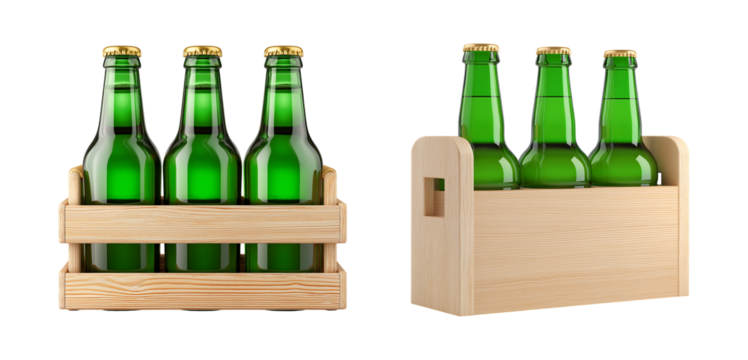 Premium Green Beer Bottles in Six-Pack Wooden Carrier isolated on a transparent background