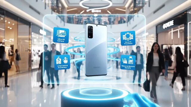Modern smartphone showcased in vibrant shopping mall, featuring ultra HD camera, exceptional performance, and advanced processing technology within futuristic display setting