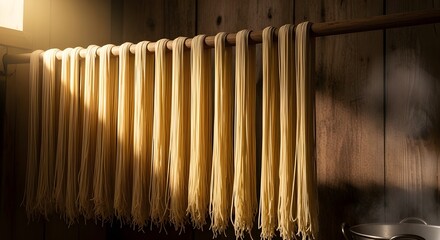 Long Strands of Fresh Noodles Drying, Traditional Asian Food Production Process, Handmade Pasta in Rustic Sunlight.