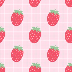 Strawberry pattern background. Cute red strawberry pattern with soft pink grid backdrop. Seamless fruity and sweet design, perfect for summer, kawaii, and aesthetic projects.